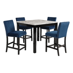 Benjara Kate 42&quot 5 Piece Counter Table Set with Velvet Seating- Blue