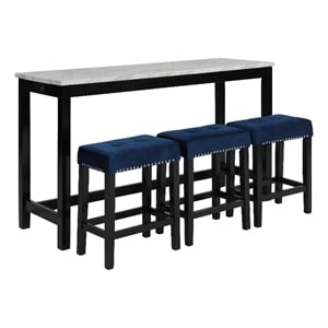 Benjara Kate 60&quot 4 Piece Bar Table Set with Upholstered Stools- Blue