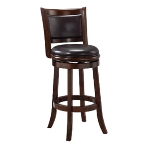 Benjara Pal 29&quot Swivel Bar Stool- Solid Wood- Rich Faux Leather- Espresso Brown