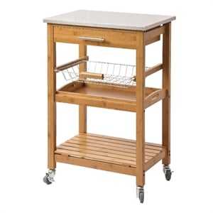 Benjara 34&quot Bamboo Kitchen Cart Isl&- Metal Basket- Stainless Steel Top- Brown