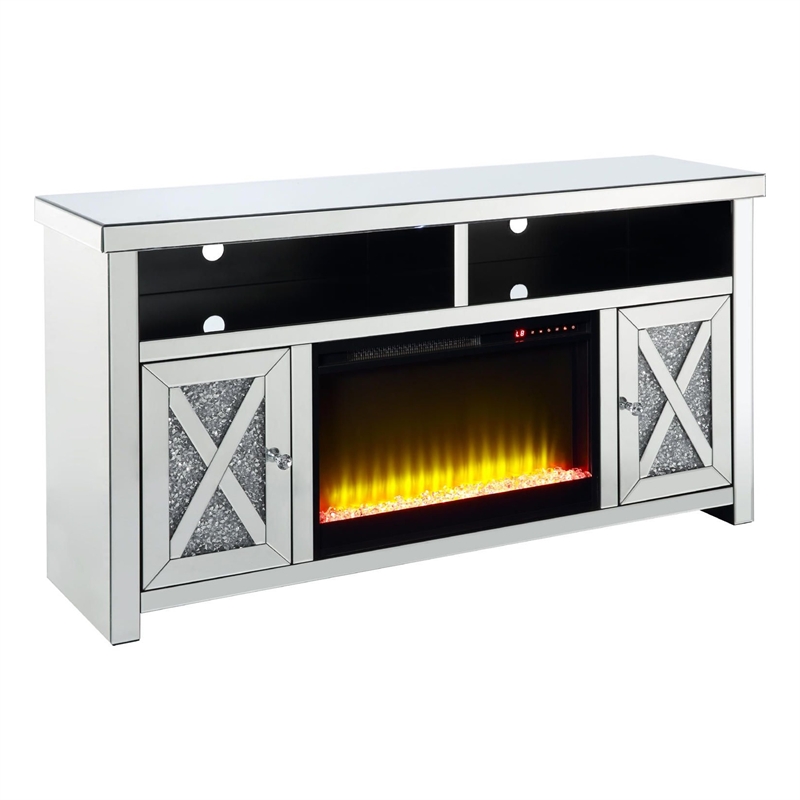 Benjara TV Stand with Electric Fireplace and Beveled Mirror Framing- Silver