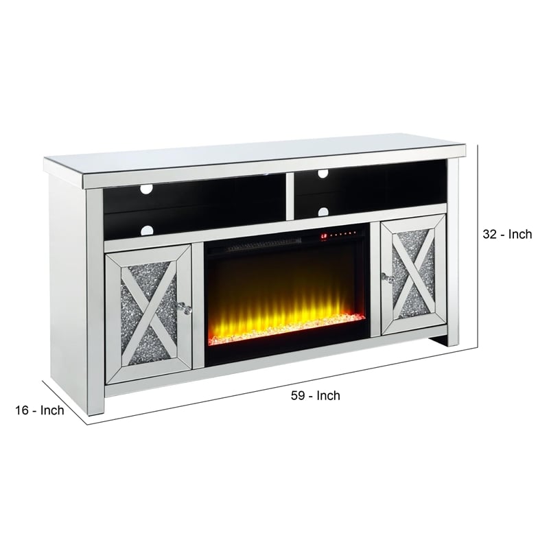 Benjara TV Stand with Electric Fireplace and Beveled Mirror Framing- Silver
