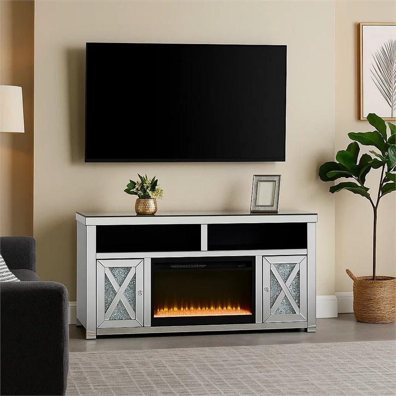 Benjara TV Stand with Electric Fireplace and Beveled Mirror Framing- Silver