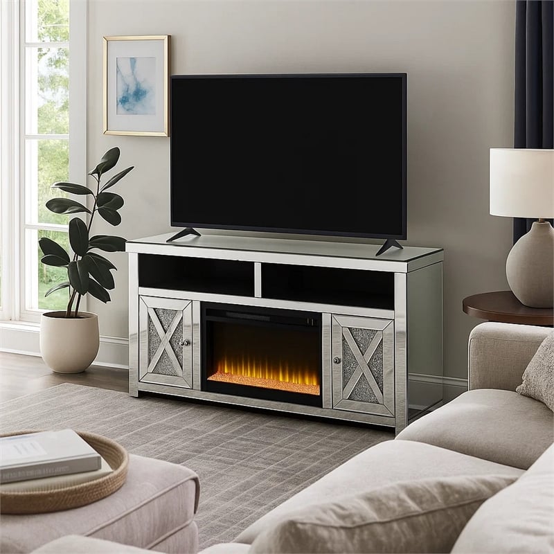 Benjara TV Stand with Electric Fireplace and Beveled Mirror Framing- Silver