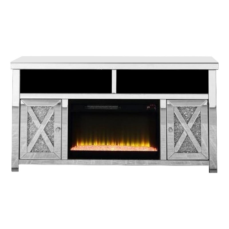 Benjara TV Stand with Electric Fireplace and Beveled Mirror Framing- Silver