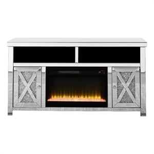 Benjara TV Stand with Electric Fireplace and Beveled Mirror Framing- Silver
