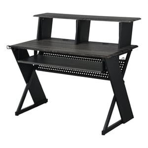 Benjara Tin 47&quot Wood Music Desk Studio Station- Keyboard Tray- Shelves- Gray