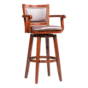 Benjara 34&quot Swivel Barstool- Wood- Open Rolled Arms- Bonded Leather- Brown