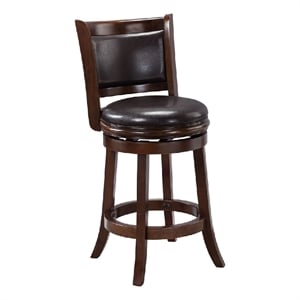 Benjara Pal 24&quot Swivel Counter Stool- Solid Wood- Faux Leather- Cappuccino Brown