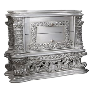 Benjara Vera 36&quot Wood NightStand-2 Drawers-Ornate Carving-Gray-Light Gold