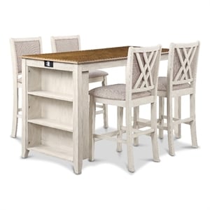 Benjara Han 60&quot 5 Piece Counter Table Set with USB Ports- White and Brown