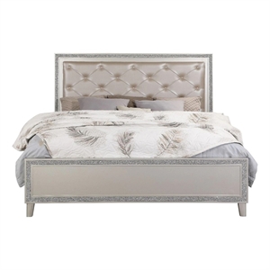 Benjara Lee 2 Drawer Faux Leather Tufted King Bed- Champagne