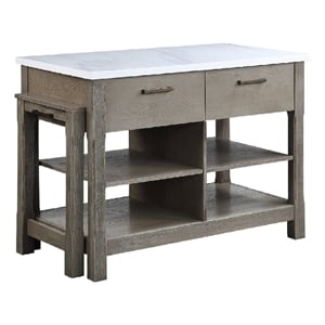 Benjara 50&quot Wood Kitchen Island- Faux Marble Top- Pull Out Table- Gray