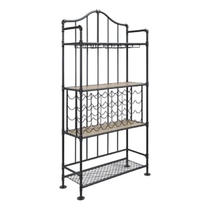 Benjara Ada 73&quot Wine Bar Metal Rack With Shelves- Stemware- Oak Brown