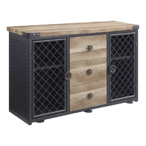 Benjara Ada 50&quot Wood Sideboard Buffet Cabinet-3 Drawer-Mesh Doors-Nailhead-Oak