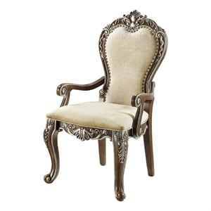 Benjara 24&quot Classic Upholstered Armchair- Scrolled Details- Nailhead- Brown