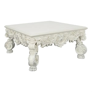 Benjara Ataa 50&quot Square Coffee Table- Ornate Floral Carvings- Claw Feet- White