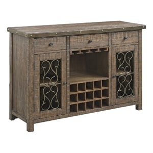 Benjara Ral 56&quot Wood Sideboard Wine Bar Cabinet- Metal Scroll- Rustic Brown