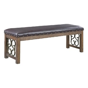 Benjara Ral 56&quot Solid Wood Padded Bench- Metal Scroll Design- Nailhead- Brown