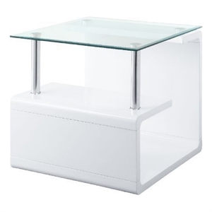 Benjara 24&quot Square Accent End Table- Glass Top- Open Shelf- White/Chrome