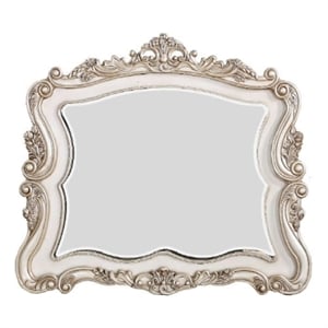 Benjara 50&quot Solid Wood Mirror- Scalloped- Scroll Ornate Trim- Antique White