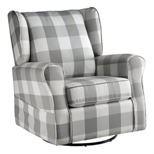 Benjara 35&quot Accent Swivel Chair- Glider- Checkered Fabric- Light Gray