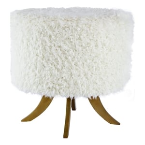Benjara 20&quot Ottoman- Foam Filled- Shearling Fabric- Wood Frame- White/Brown