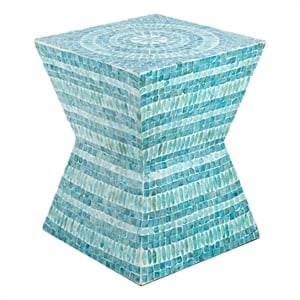 Benjara 14&quot Capiz Accent Table Stool- Blue Mosaic Geometric Hourglass Shape