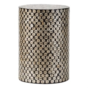 Benjara 20&quot Stool Table- Round Wood Design- Modern- Capiz Inlay- Black/White