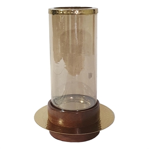 Benjara 11&quot Glass Hurricane Candle Holder- Acacia Wood- Small- Gold FInish