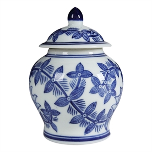 Benjara 6&quot Porcelain Jar- Urn Shape- Lid- Floral Design- Blue/White