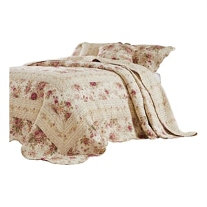Benjara Rosle 3 Piece King Bedspread Set- Floral Print- Scalloped- Cream- Pink