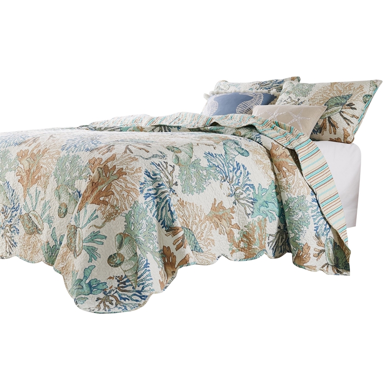 Benjara Wade 5 PC King Quilt Set- Ocean Design- Scalloped Edges- Floral Pattern