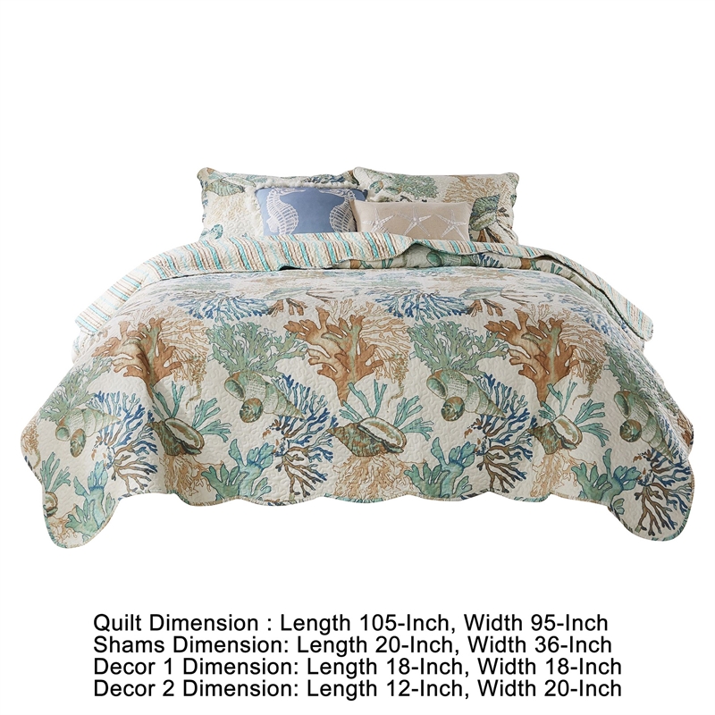 Benjara Wade 5 PC King Quilt Set- Ocean Design- Scalloped Edges- Floral Pattern