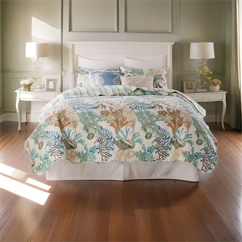 Benjara Wade 5 PC King Quilt Set- Ocean Design- Scalloped Edges- Floral Pattern