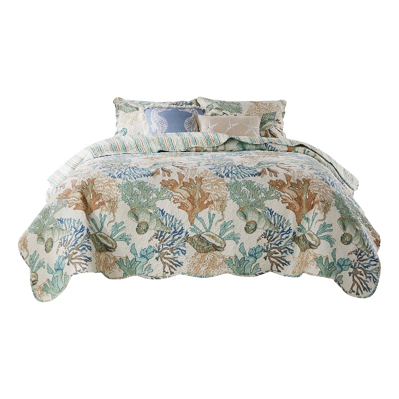 Benjara Wade 5 PC King Quilt Set- Ocean Design- Scalloped Edges- Floral Pattern