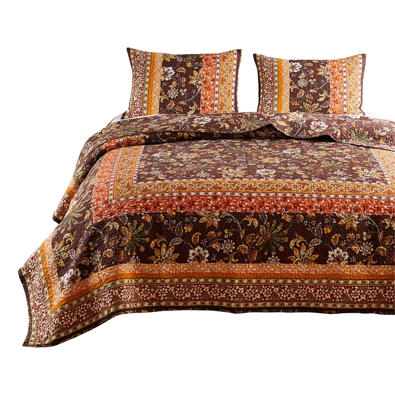 Benjara Dill 2 PC Twin Quilt Set- Bohemian- Jacobean Floral Print- Brown- Orange