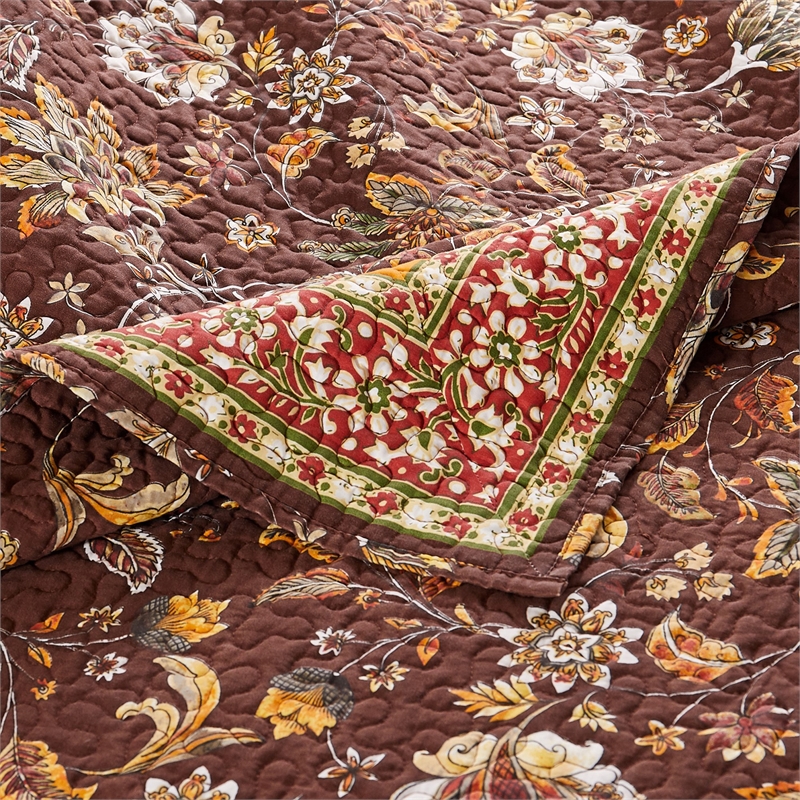 Benjara Dill 2 PC Twin Quilt Set- Bohemian- Jacobean Floral Print- Brown- Orange