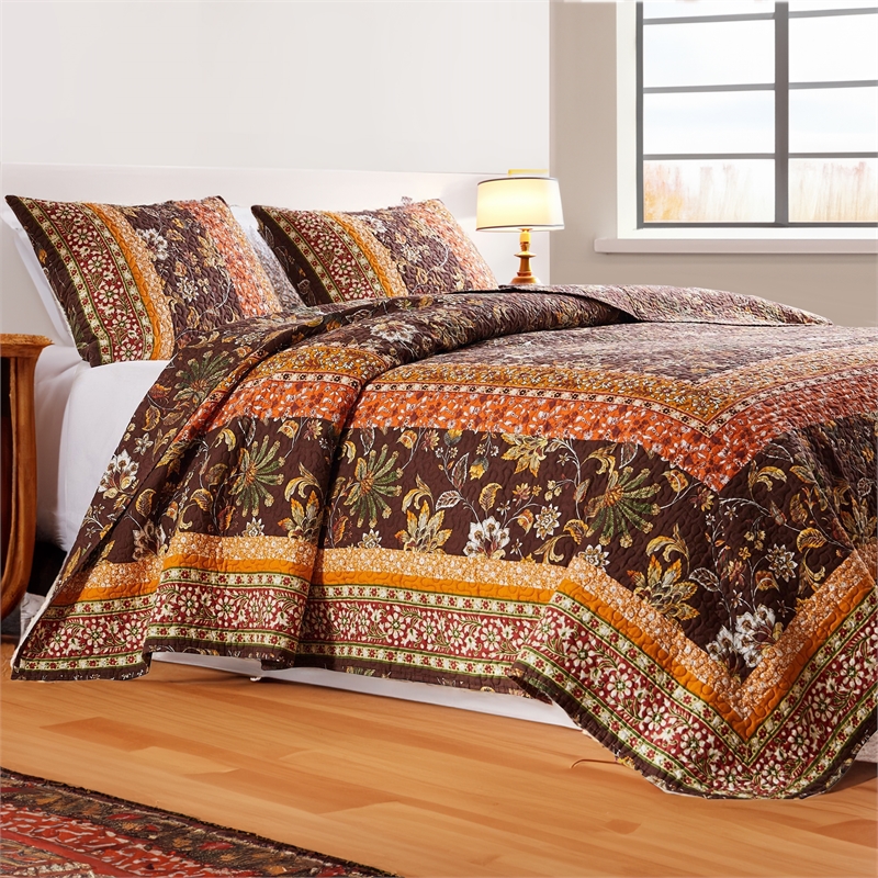Benjara Dill 2 PC Twin Quilt Set- Bohemian- Jacobean Floral Print- Brown- Orange