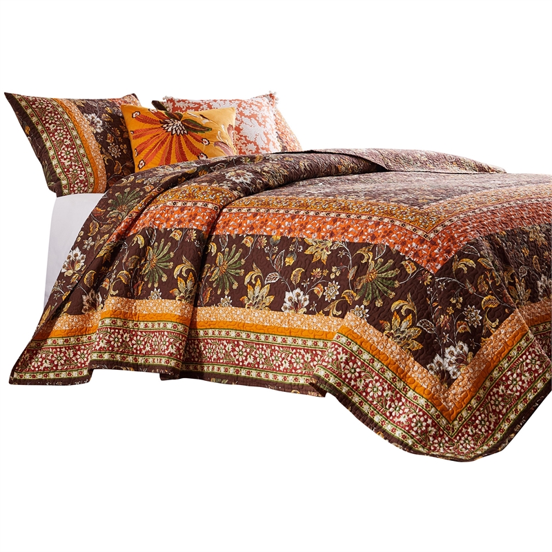 Benjara 3 Piece King Quilt Set- Bohemian- Jacobean Floral Print- Brown- Orange