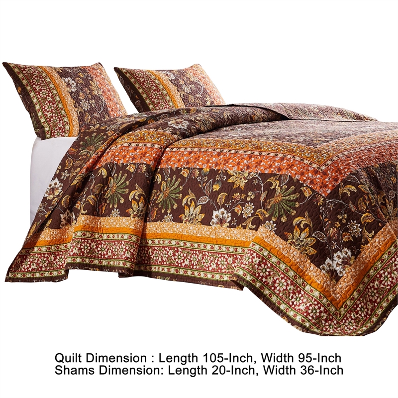 Benjara 3 Piece King Quilt Set- Bohemian- Jacobean Floral Print- Brown- Orange