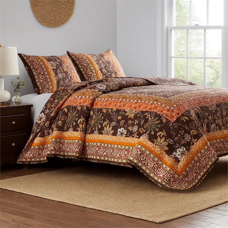 Benjara 3 Piece King Quilt Set- Bohemian- Jacobean Floral Print- Brown- Orange