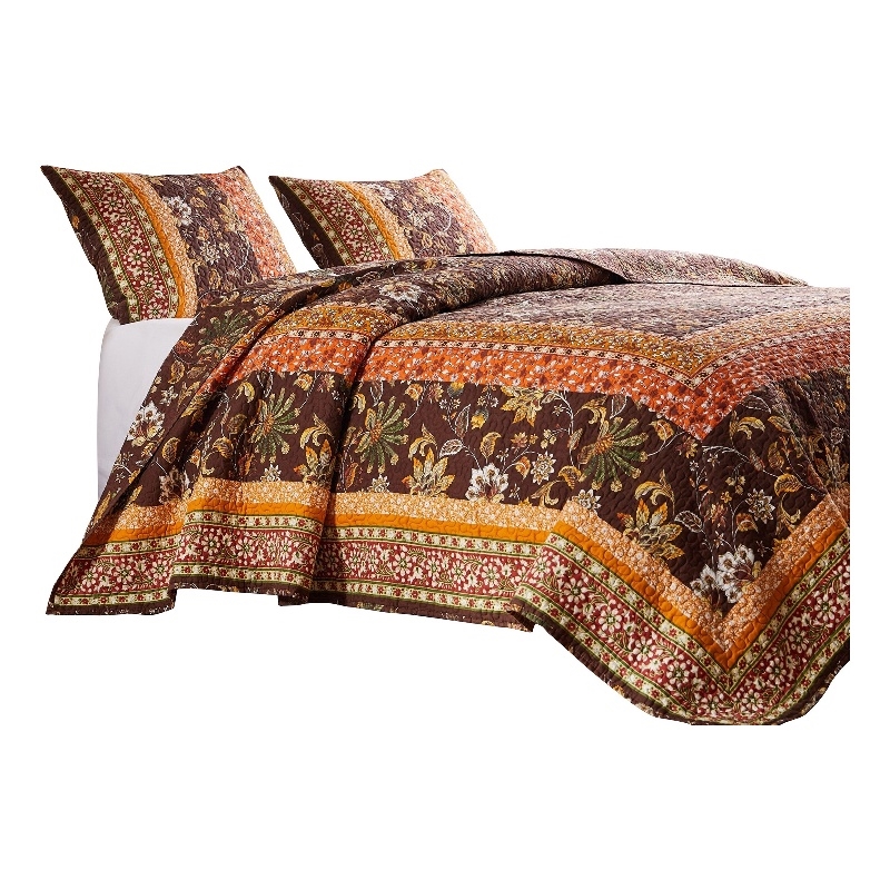 Benjara 3 Piece King Quilt Set- Bohemian- Jacobean Floral Print- Brown- Orange