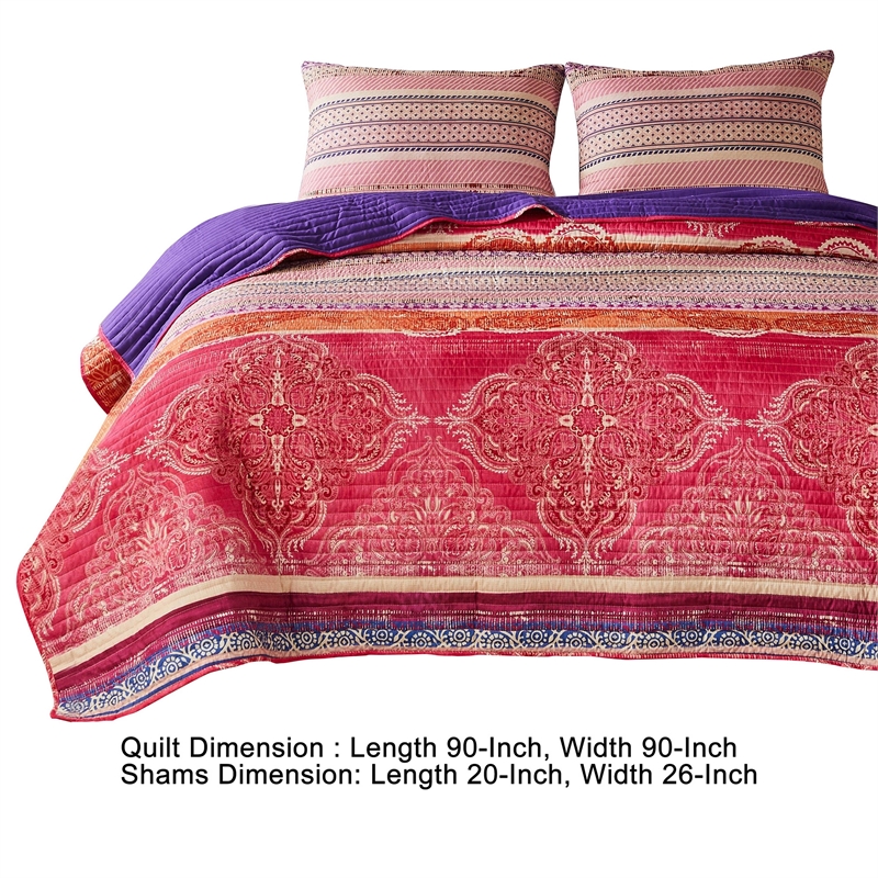 Benjara Dora 3 Piece Bohemian Full Quilt Set- Medallion- Paisley- Pink- Blue