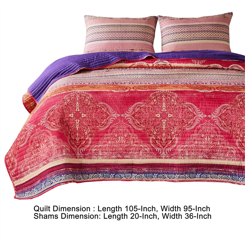 Benjara Dora 3 Piece Bohemian King Quilt Set- Medallion- Paisley- Pink- Blue
