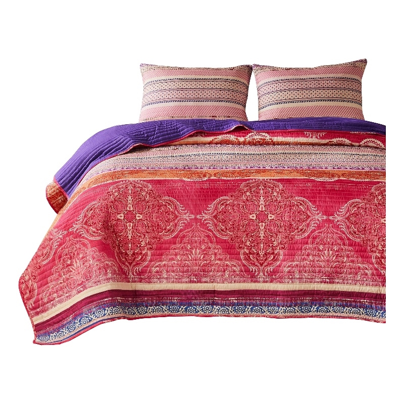 Benjara Dora 3 Piece Bohemian King Quilt Set- Medallion- Paisley- Pink- Blue