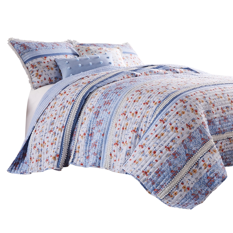 Benjara Joa 2 PC Microfiber Twin Quilt Set- Floral Print- Lace Trim-Multicolor