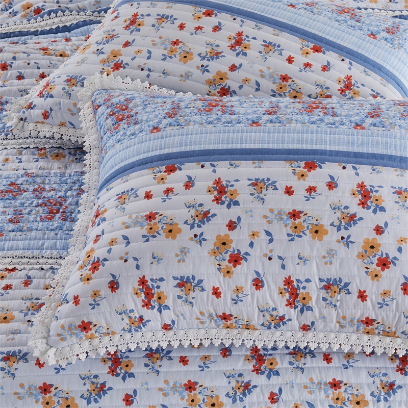 Benjara Joa 2 PC Microfiber Twin Quilt Set- Floral Print- Lace Trim-Multicolor