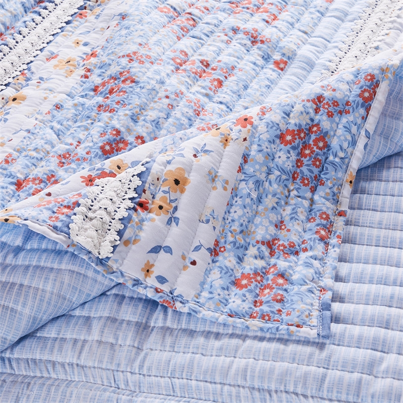 Benjara Joa 2 PC Microfiber Twin Quilt Set- Floral Print- Lace Trim-Multicolor