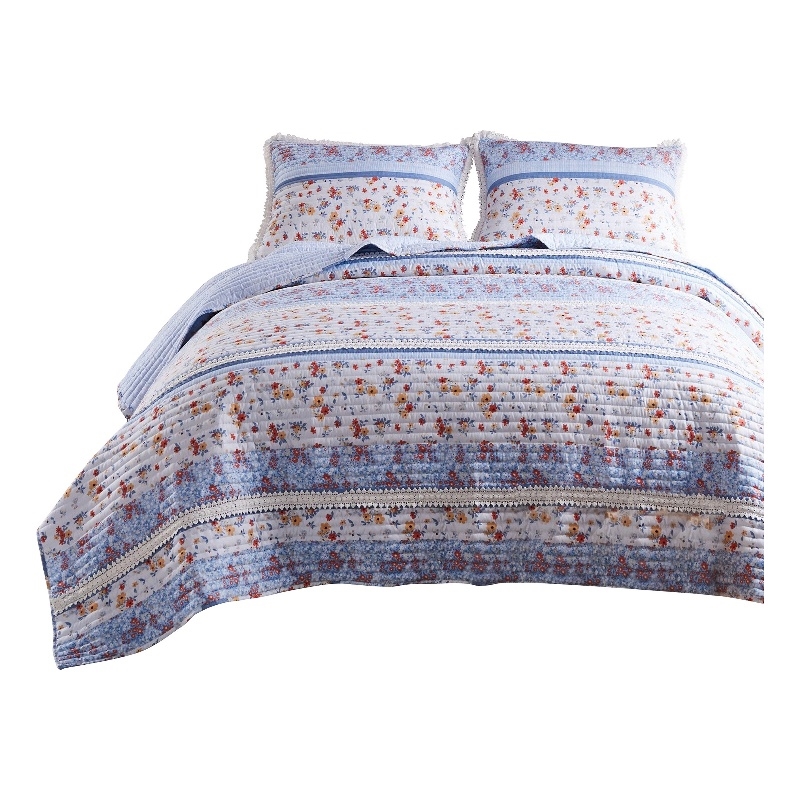 Benjara Joa 2 PC Microfiber Twin Quilt Set- Floral Print- Lace Trim-Multicolor